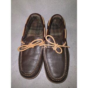 LL Bean Mens Slippers Moccasins Brown Leather Plaid Flannel Lined Size 9 M